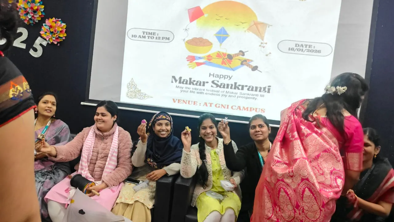 Female faculty members celebrating Makar Sankranti at GNI Campus with a digital banner displaying the date 16/01/2026